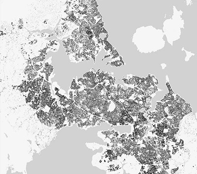 Black and white satellite image of Auckland.